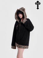YUBABY Leopard Plush Patchwork Cross Embroidery Zippered Women's Micro Fleece Hoodies
