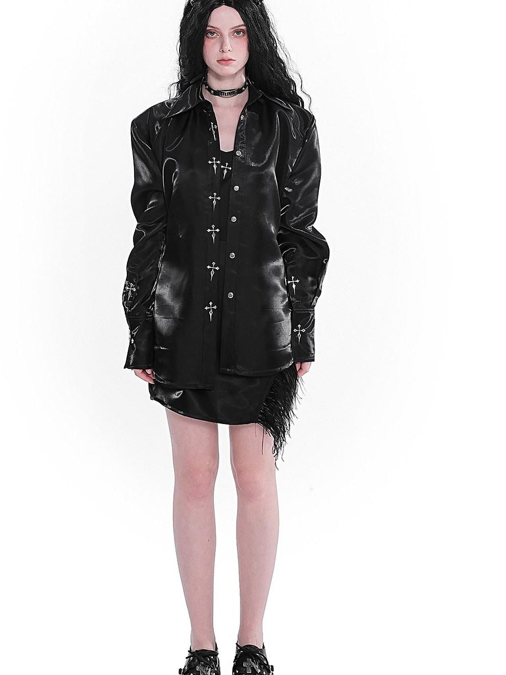 YUBABY Liquid Metal Cross Button Tailored Cut Slim Waist Women's Polyester Overshirts