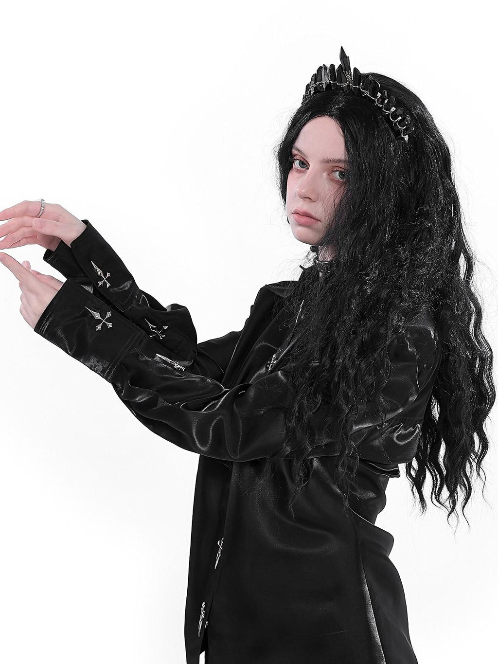 YUBABY Liquid Metal Cross Button Tailored Cut Slim Waist Women's Polyester Overshirts
