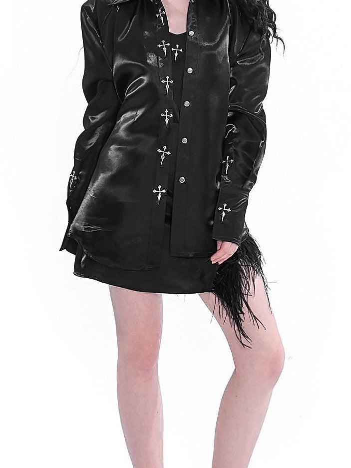 YUBABY Liquid Metal Cross Button Tailored Cut Slim Waist Women's Polyester Overshirts