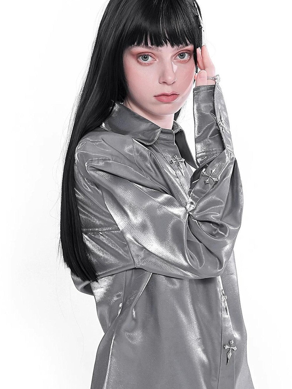 YUBABY Liquid Metal Cross Button Tailored Cut Slim Waist Women's Polyester Overshirts