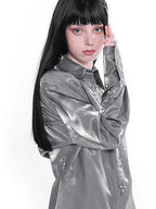YUBABY Liquid Metal Cross Button Tailored Cut Slim Waist Women's Polyester Overshirts