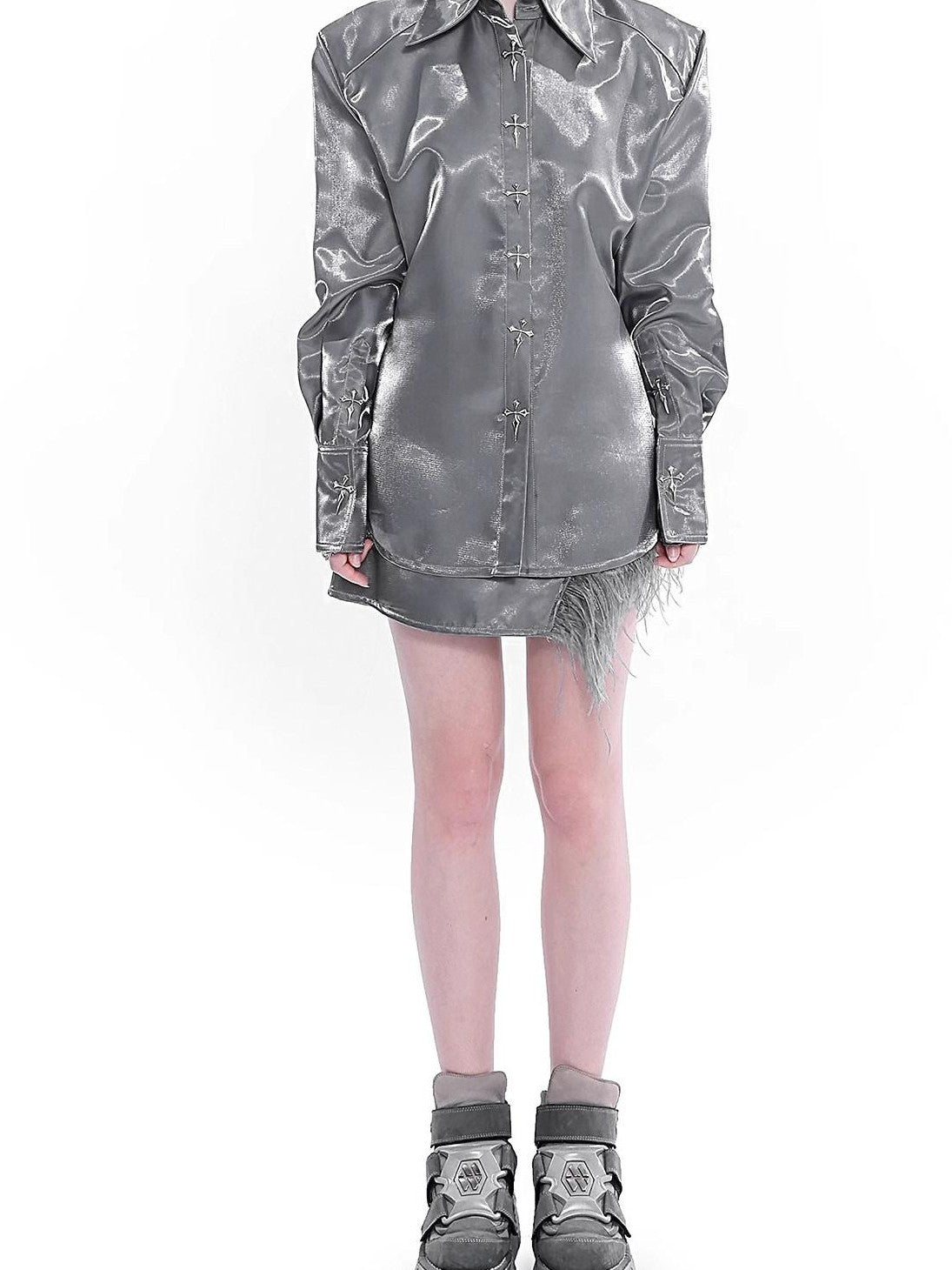 YUBABY Liquid Metal Cross Button Tailored Cut Slim Waist Women's Polyester Overshirts