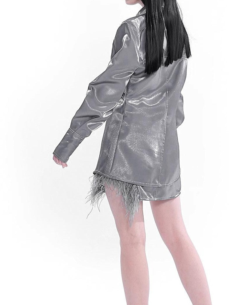 YUBABY Liquid Metal Cross Button Tailored Cut Slim Waist Women's Polyester Overshirts