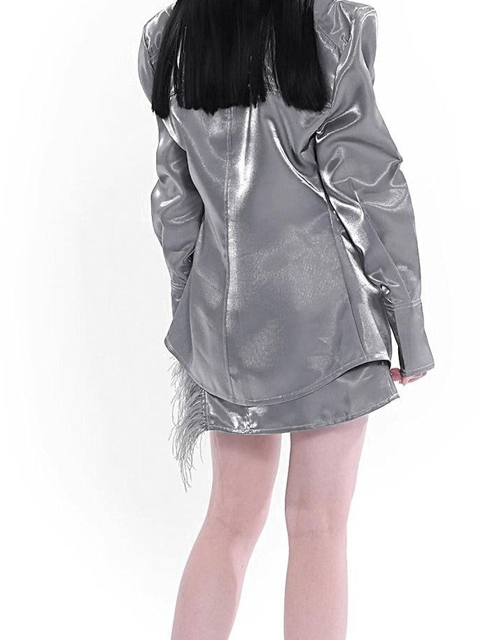 YUBABY Liquid Metal Cross Button Tailored Cut Slim Waist Women's Polyester Overshirts