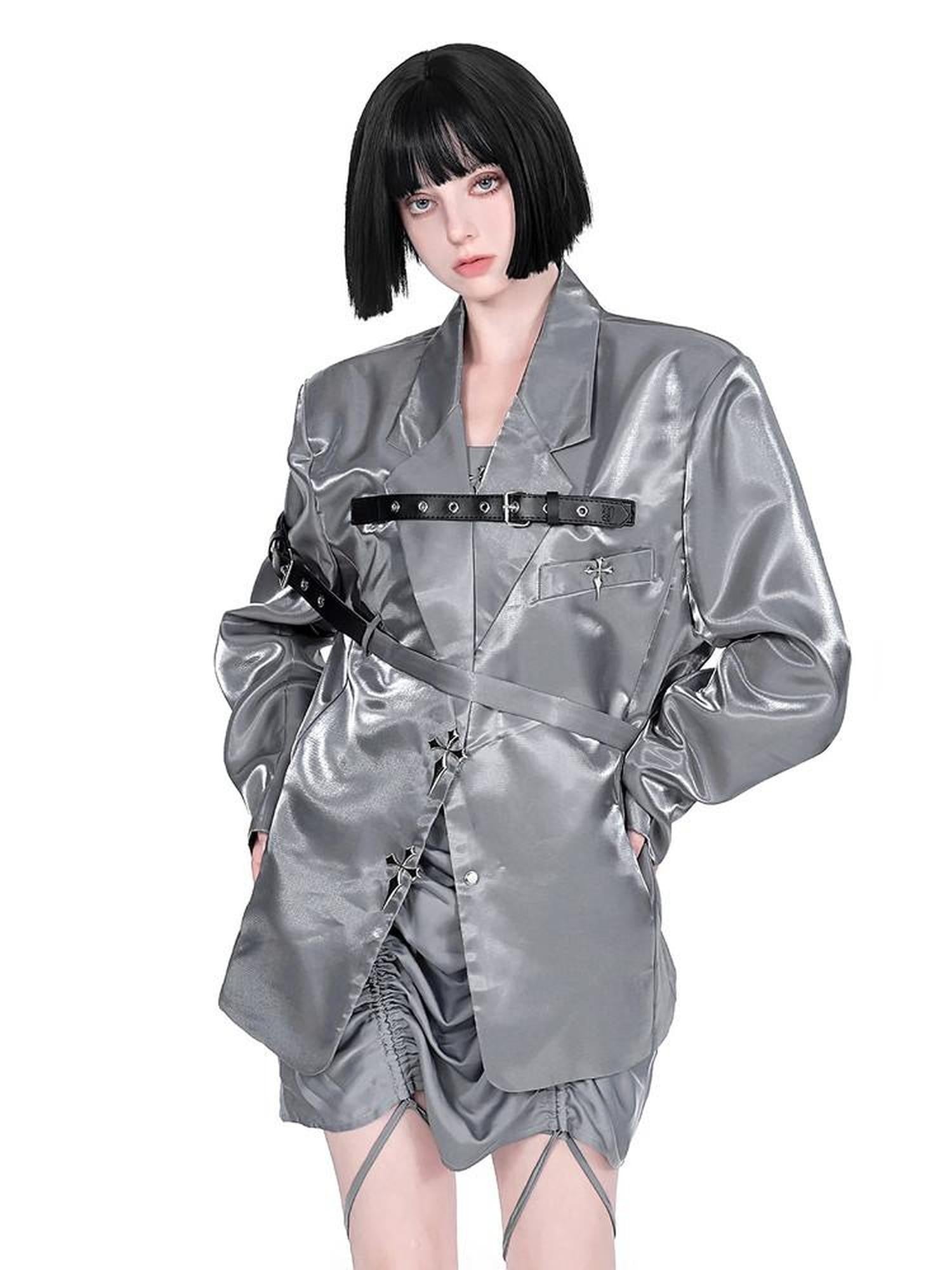 YUBABY Liquid Metal Silver Textured Cross Belt Detail Women's Nylon Loose Jackets