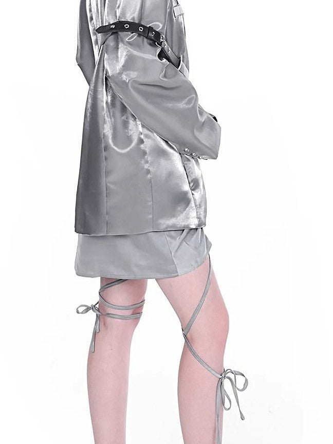 YUBABY Liquid Metal Silver Textured Cross Belt Detail Women's Nylon Loose Jackets
