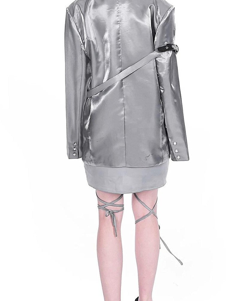 YUBABY Liquid Metal Silver Textured Cross Belt Detail Women's Nylon Loose Jackets