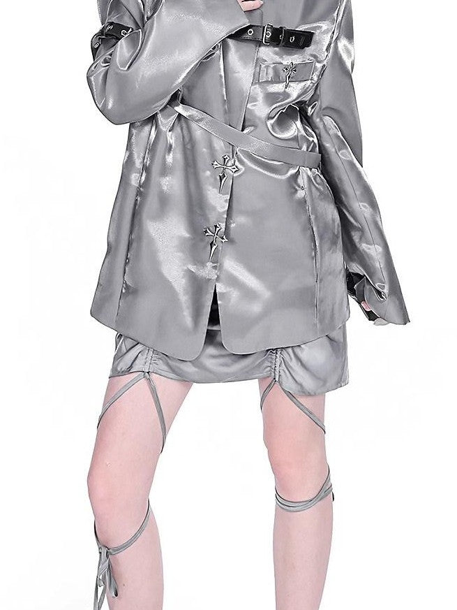 YUBABY Liquid Metal Silver Textured Cross Belt Detail Women's Nylon Loose Jackets