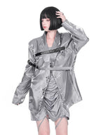 YUBABY Liquid Metal Silver Textured Cross Belt Detail Women's Nylon Loose Jackets