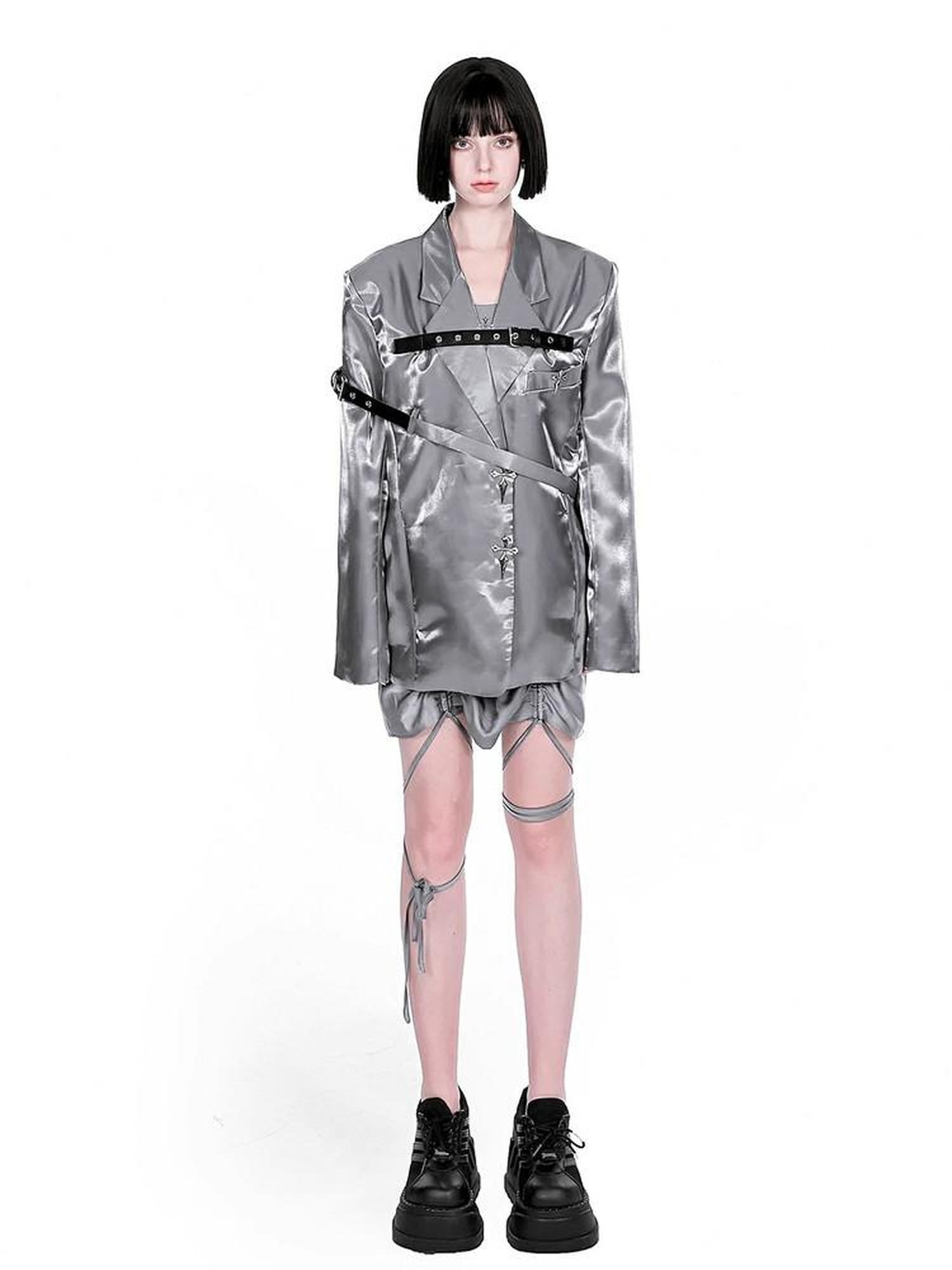 YUBABY Liquid Metal Silver Textured Cross Belt Detail Women's Nylon Loose Jackets