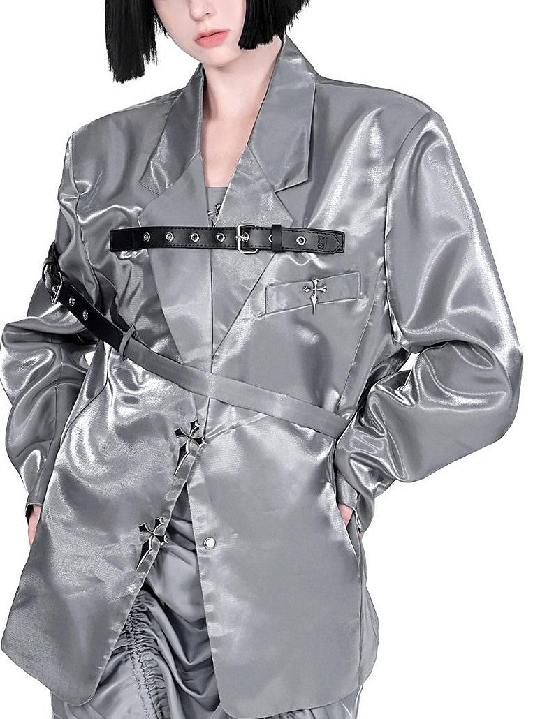 YUBABY Liquid Metal Silver Textured Cross Belt Detail Women's Nylon Loose Jackets