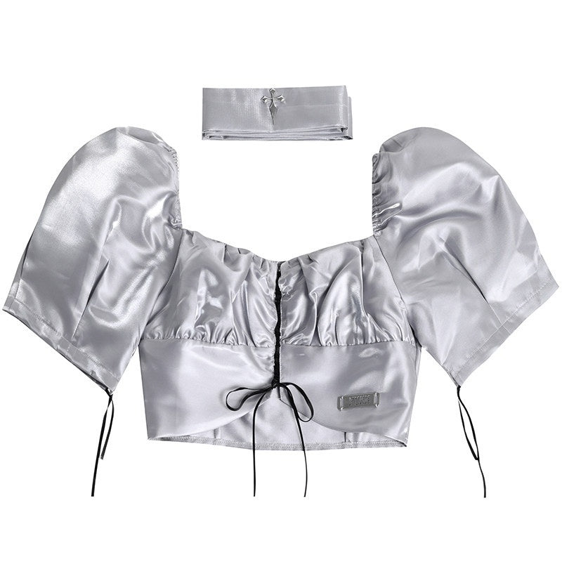 YUBABY_Liquid_Metallic_Puff_Sleeve_Off_Shoulder_Women's_Nylon_Top_&_Skirt_Sets_671880670777_MISSTT
