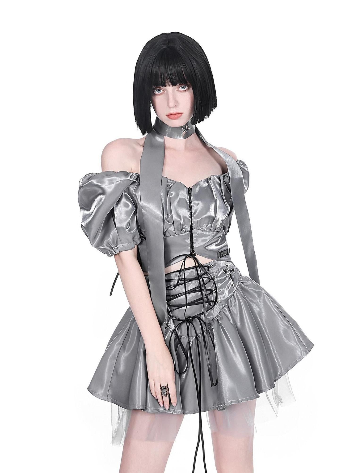 YUBABY Liquid Metallic Puff Sleeve Off Shoulder Women's Nylon Top & Skirt Sets