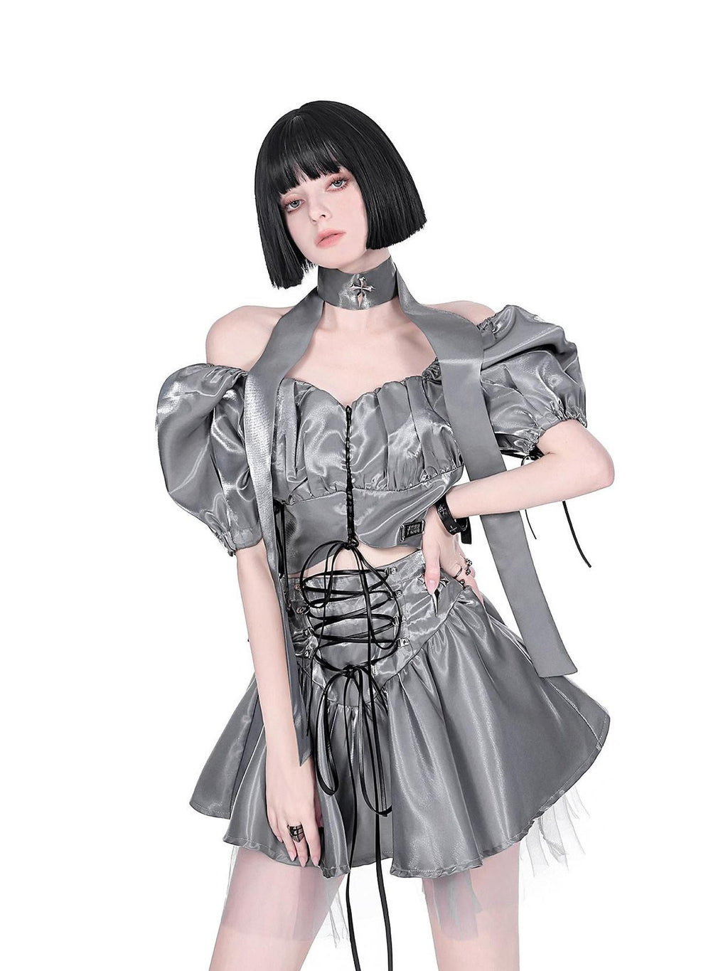 YUBABY Liquid Metallic Puff Sleeve Off Shoulder Women's Nylon Top & Skirt Sets