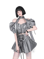 YUBABY Liquid Metallic Puff Sleeve Off Shoulder Women's Nylon Top & Skirt Sets