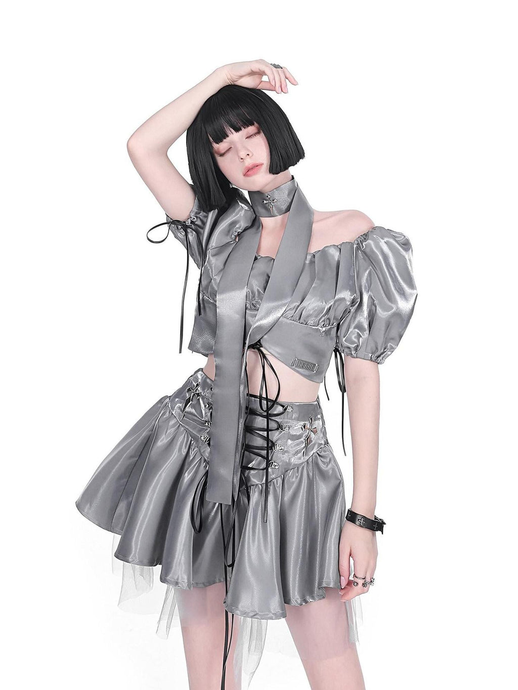 YUBABY Liquid Metallic Puff Sleeve Off Shoulder Women's Nylon Top & Skirt Sets
