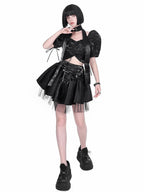 YUBABY Liquid Metallic Puff Sleeve Off Shoulder Women's Nylon Top & Skirt Sets