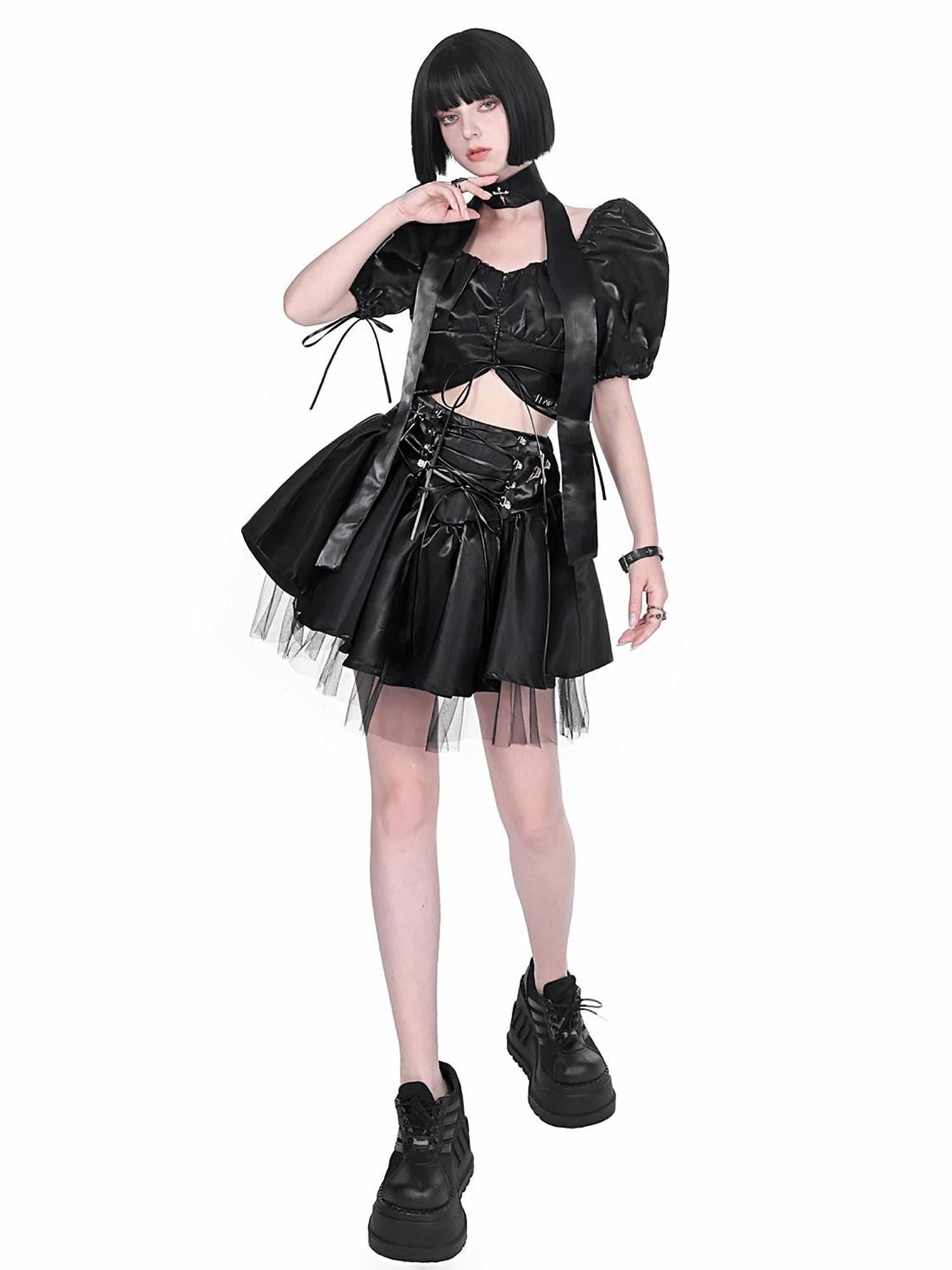 YUBABY Liquid Metallic Puff Sleeve Off Shoulder Women's Nylon Top & Skirt Sets