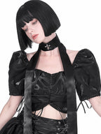 YUBABY Liquid Metallic Puff Sleeve Off Shoulder Women's Nylon Top & Skirt Sets