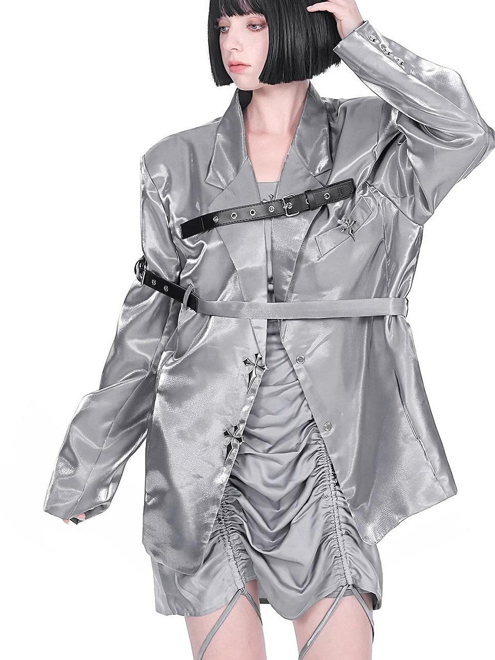 YUBABY Liquid Metallic Silver Cross Belt Tie Loose Women's Pu Blazer Jackets