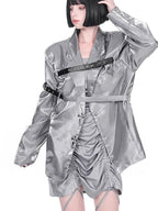 YUBABY Liquid Metallic Silver Cross Belt Tie Loose Women's Pu Blazer Jackets