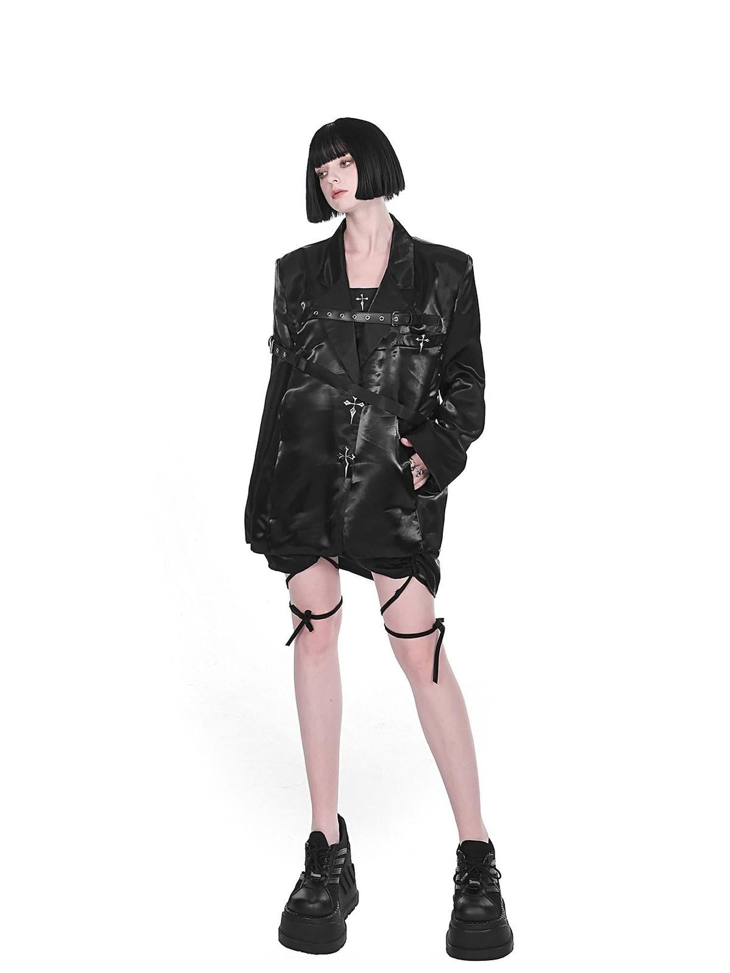 YUBABY Liquid Metallic Silver Cross Belt Tie Loose Women's Pu Blazer Jackets