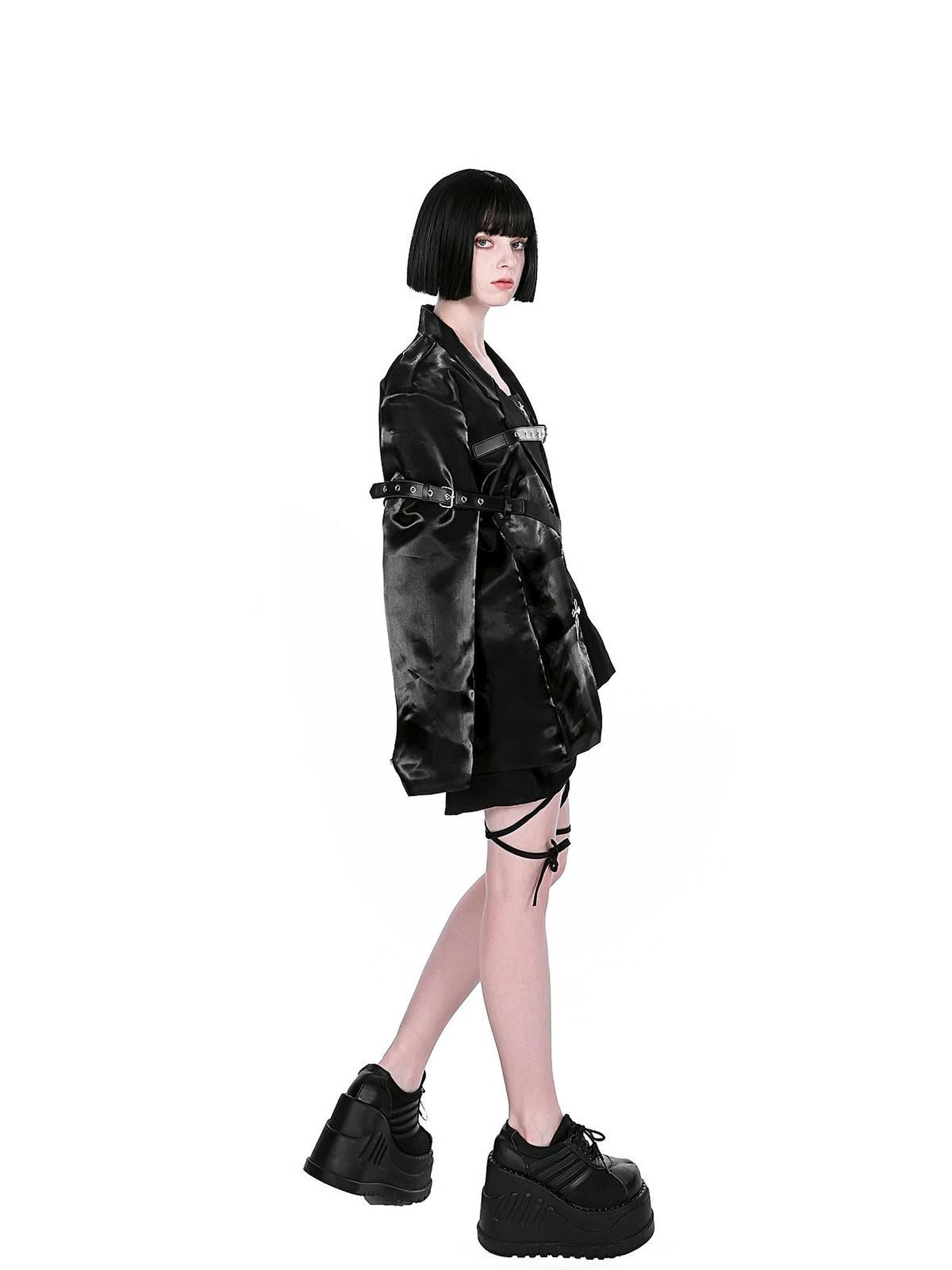 YUBABY Liquid Metallic Silver Cross Belt Tie Loose Women's Pu Blazer Jackets