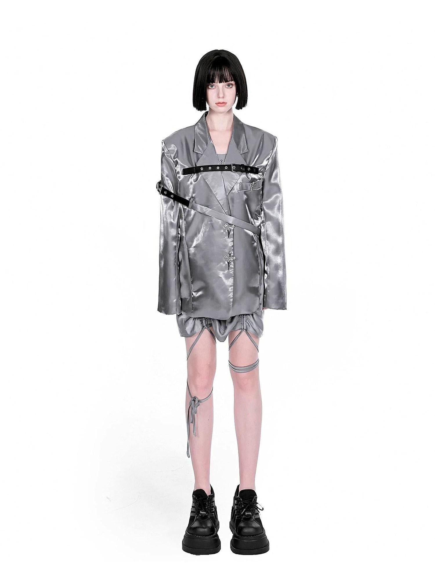 YUBABY Liquid Metallic Silver Cross Belt Tie Loose Women's Pu Blazer Jackets