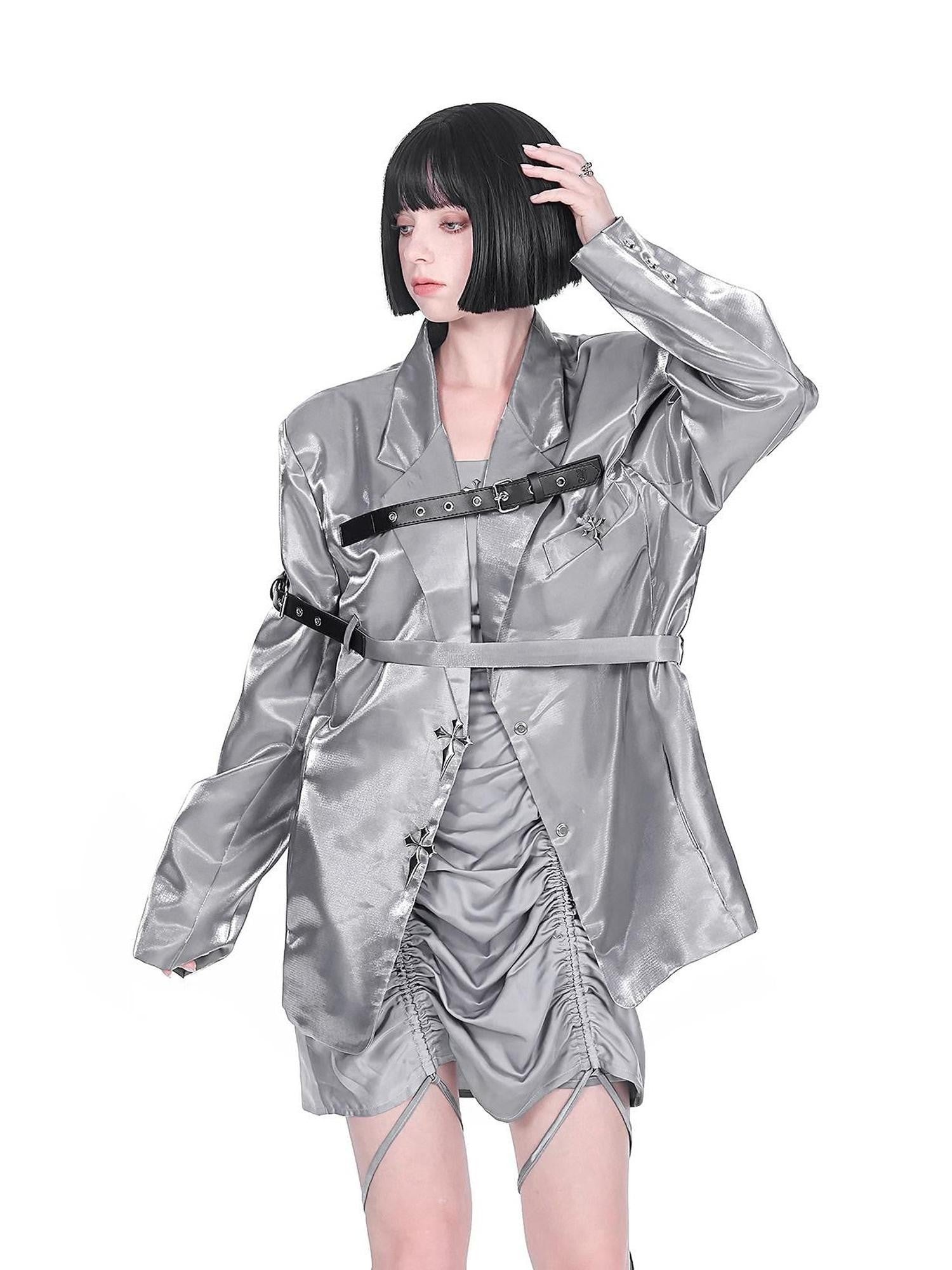YUBABY Liquid Metallic Silver Cross Belt Tie Loose Women's Pu Blazer Jackets
