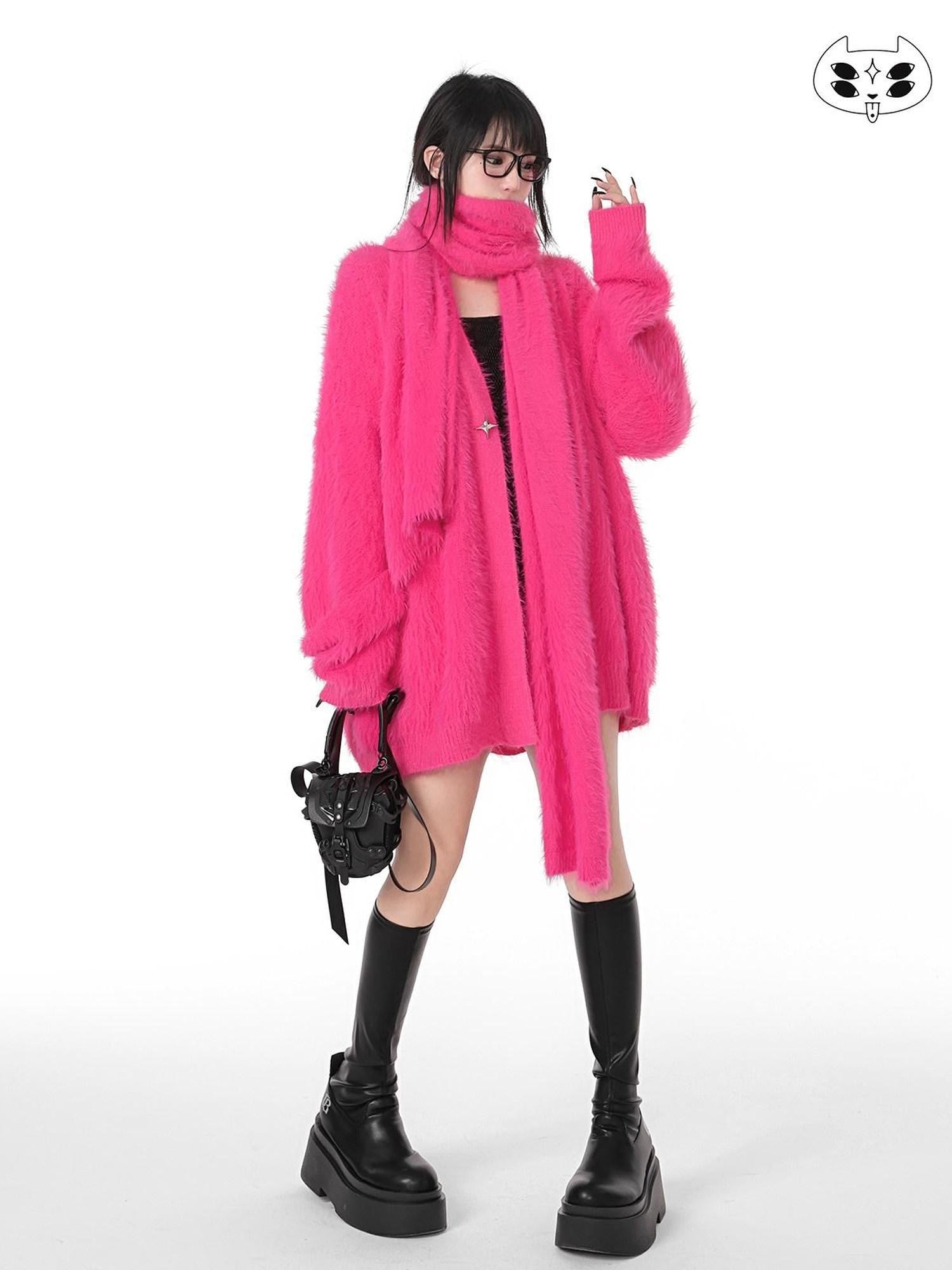 YUBABY Magenta Fuzzy Batwing V-neck Oversized Women's Mink Blend Cardigans