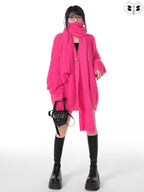 YUBABY Magenta Fuzzy Batwing V-neck Oversized Women's Mink Blend Cardigans