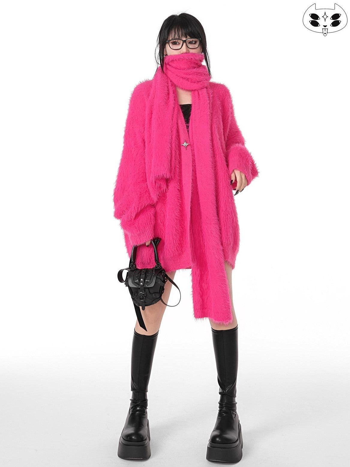 YUBABY Magenta Fuzzy Batwing V-neck Oversized Women's Mink Blend Cardigans