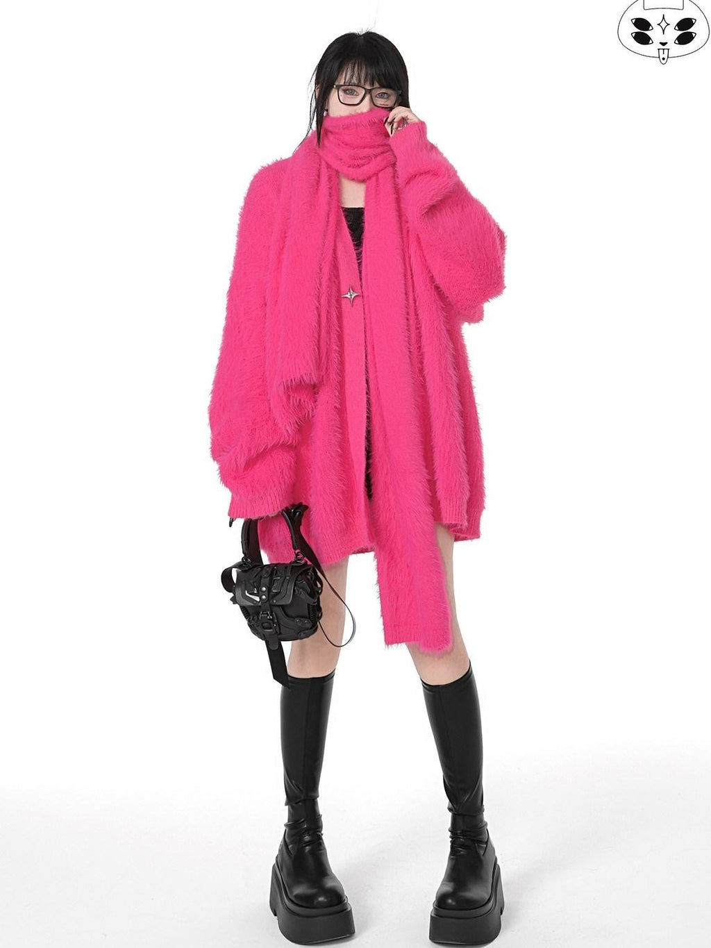 YUBABY Magenta Fuzzy Batwing V-neck Oversized Women's Mink Blend Cardigans
