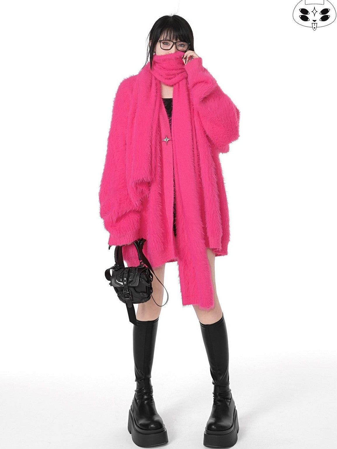 YUBABY Magenta Fuzzy Batwing V-neck Oversized Women's Mink Blend Cardigans