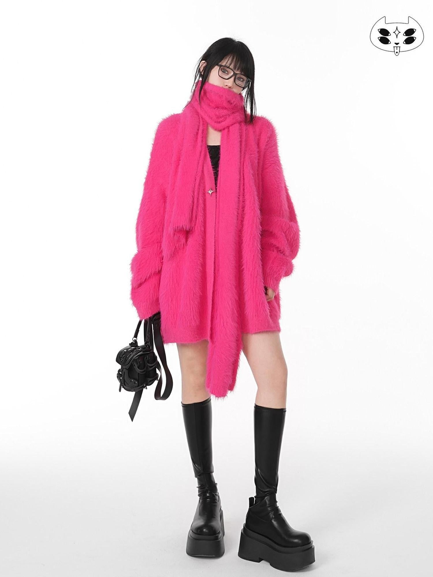 YUBABY Magenta Fuzzy Batwing V-neck Oversized Women's Mink Blend Cardigans