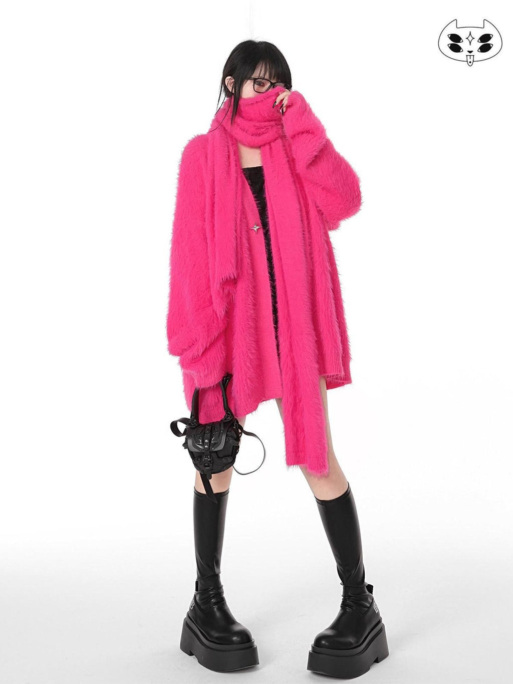 YUBABY Magenta Fuzzy Batwing V-neck Oversized Women's Mink Blend Cardigans