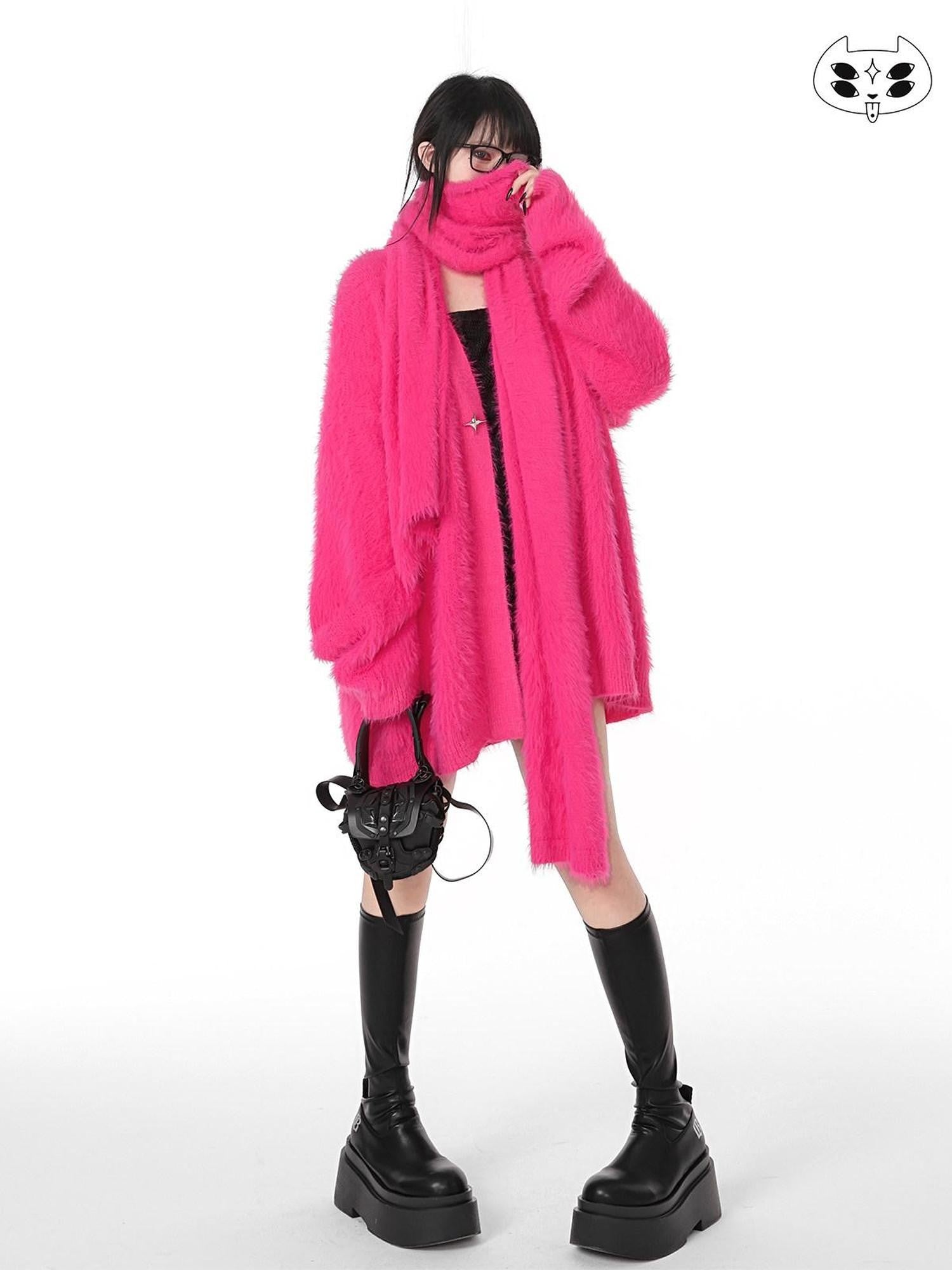 YUBABY Magenta Fuzzy Batwing V-neck Oversized Women's Mink Blend Cardigans