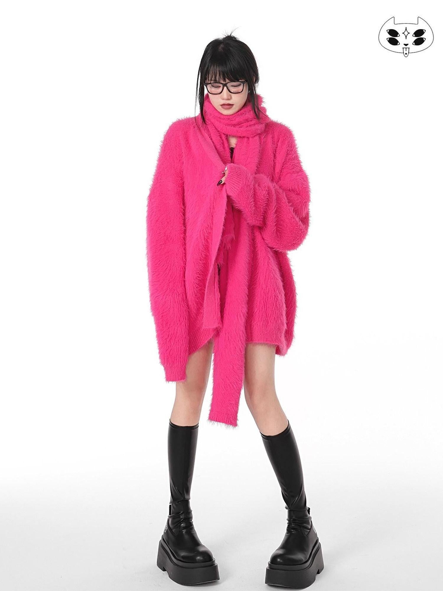 YUBABY Magenta Fuzzy Batwing V-neck Oversized Women's Mink Blend Cardigans