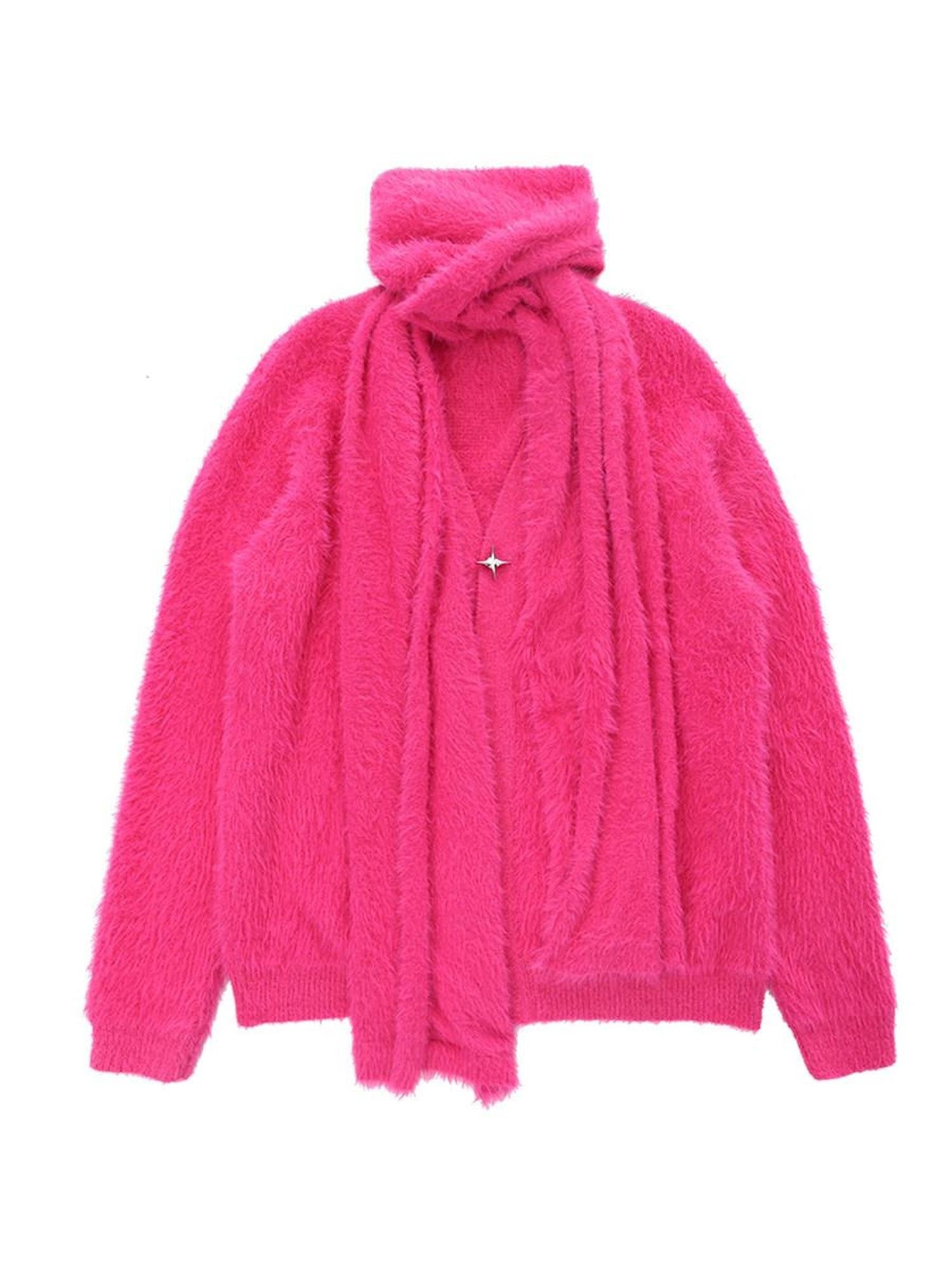 YUBABY Magenta Fuzzy Batwing V-neck Oversized Women's Mink Blend Cardigans