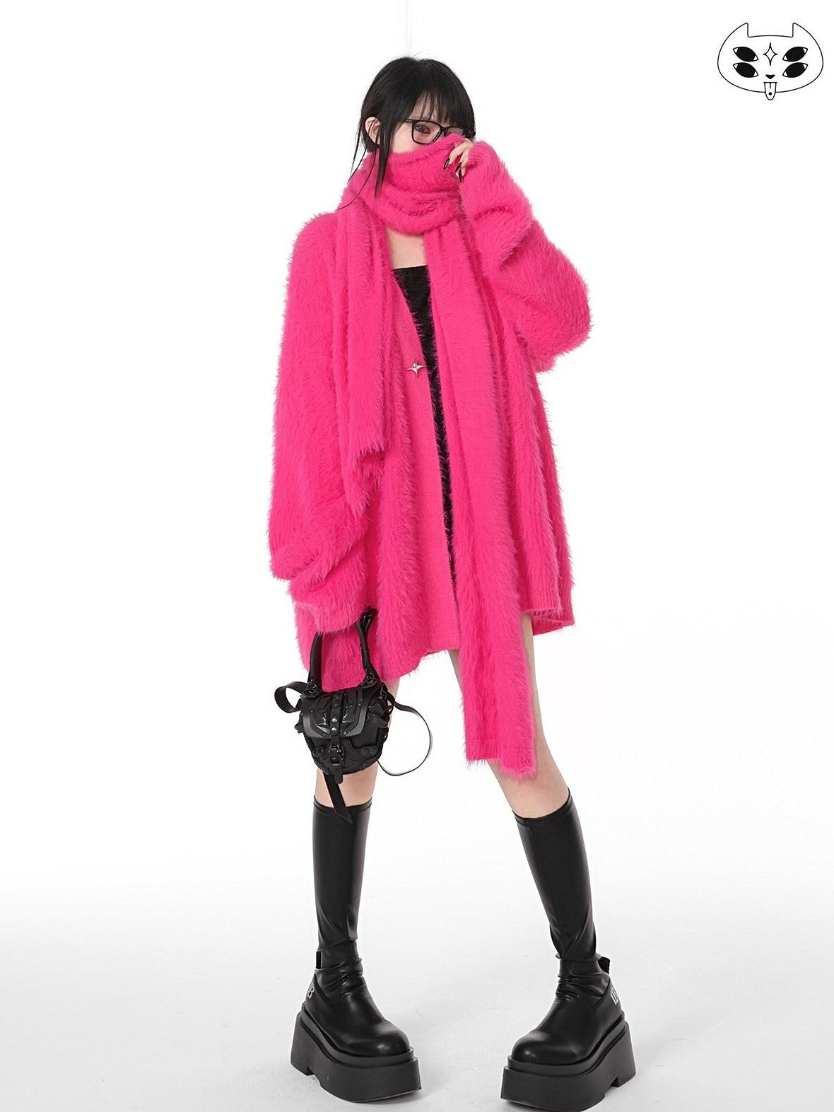 YUBABY Magenta Fuzzy Batwing V-neck Oversized Women's Mink Blend Cardigans