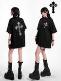 YUBABY Multicolor Rhinestone Cross Gothic Women's Cotton Blend Short Sleeve T-shirts