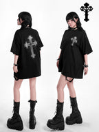 YUBABY Multicolor Rhinestone Cross Gothic Women's Cotton Blend Short Sleeve T-shirts