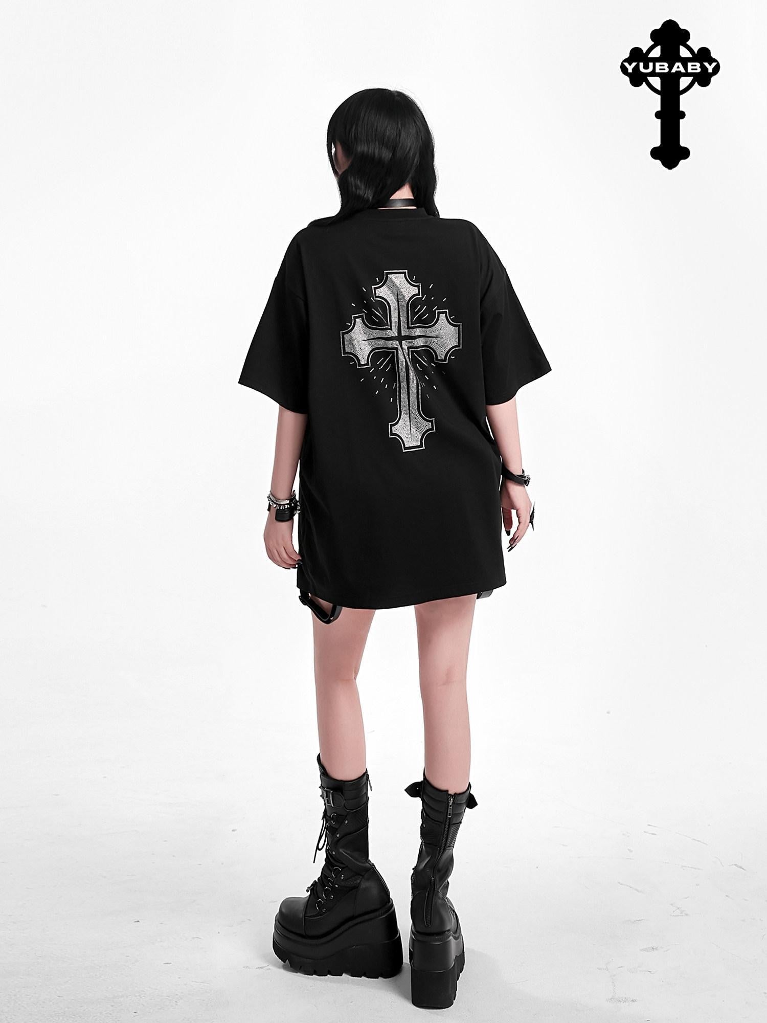 YUBABY Multicolor Rhinestone Cross Gothic Women's Cotton Blend Short Sleeve T-shirts