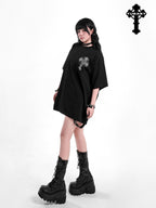YUBABY Multicolor Rhinestone Cross Gothic Women's Cotton Blend Short Sleeve T-shirts
