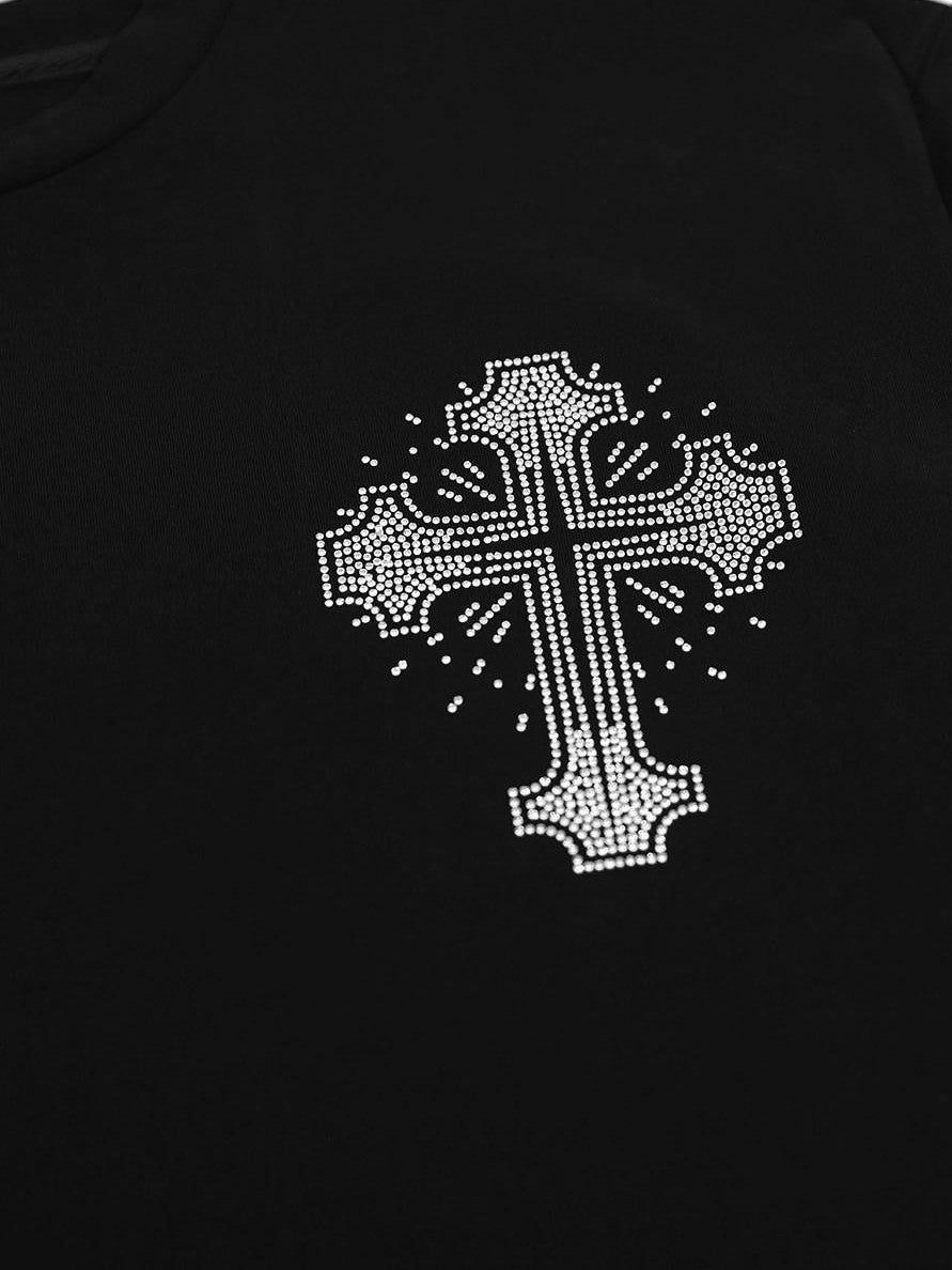 YUBABY Multicolor Rhinestone Cross Gothic Women's Cotton Blend Short Sleeve T-shirts