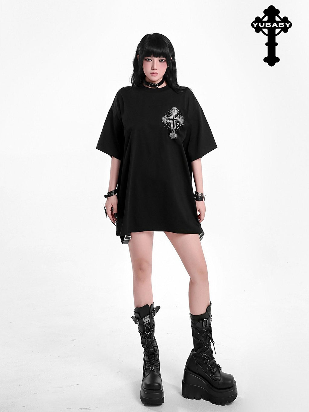 YUBABY Multicolor Rhinestone Cross Gothic Women's Cotton Blend Short Sleeve T-shirts
