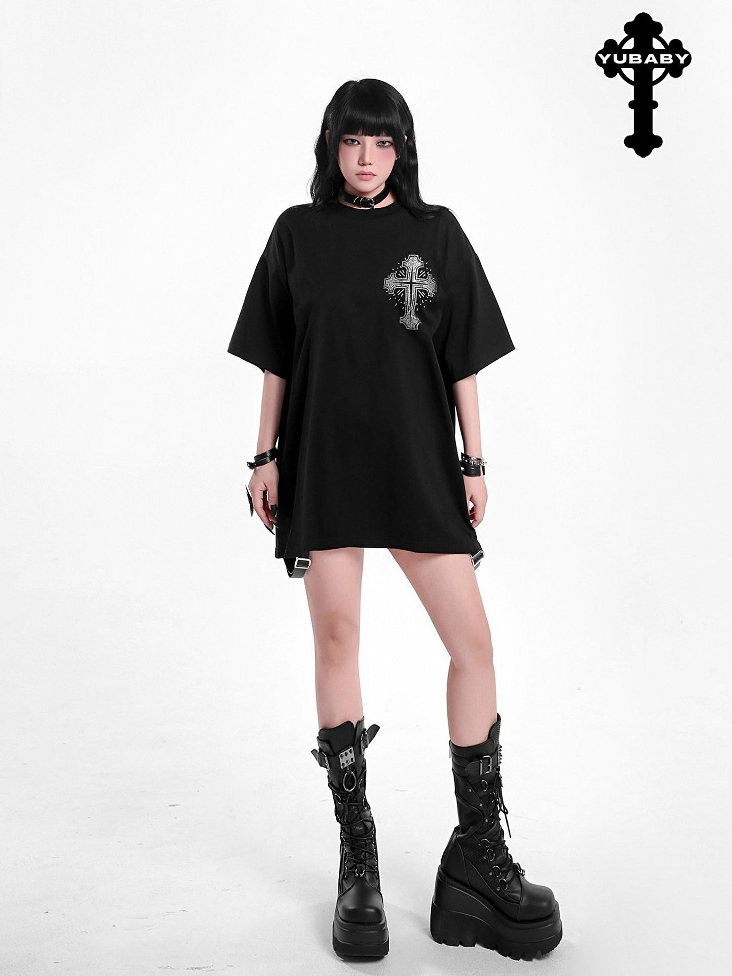 YUBABY Multicolor Rhinestone Cross Gothic Women's Cotton Blend Short Sleeve T-shirts