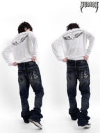 YUBABY Navy Calligraphy Print Slimming Pockets Mid Rise Women's Cotton Straight Jeans