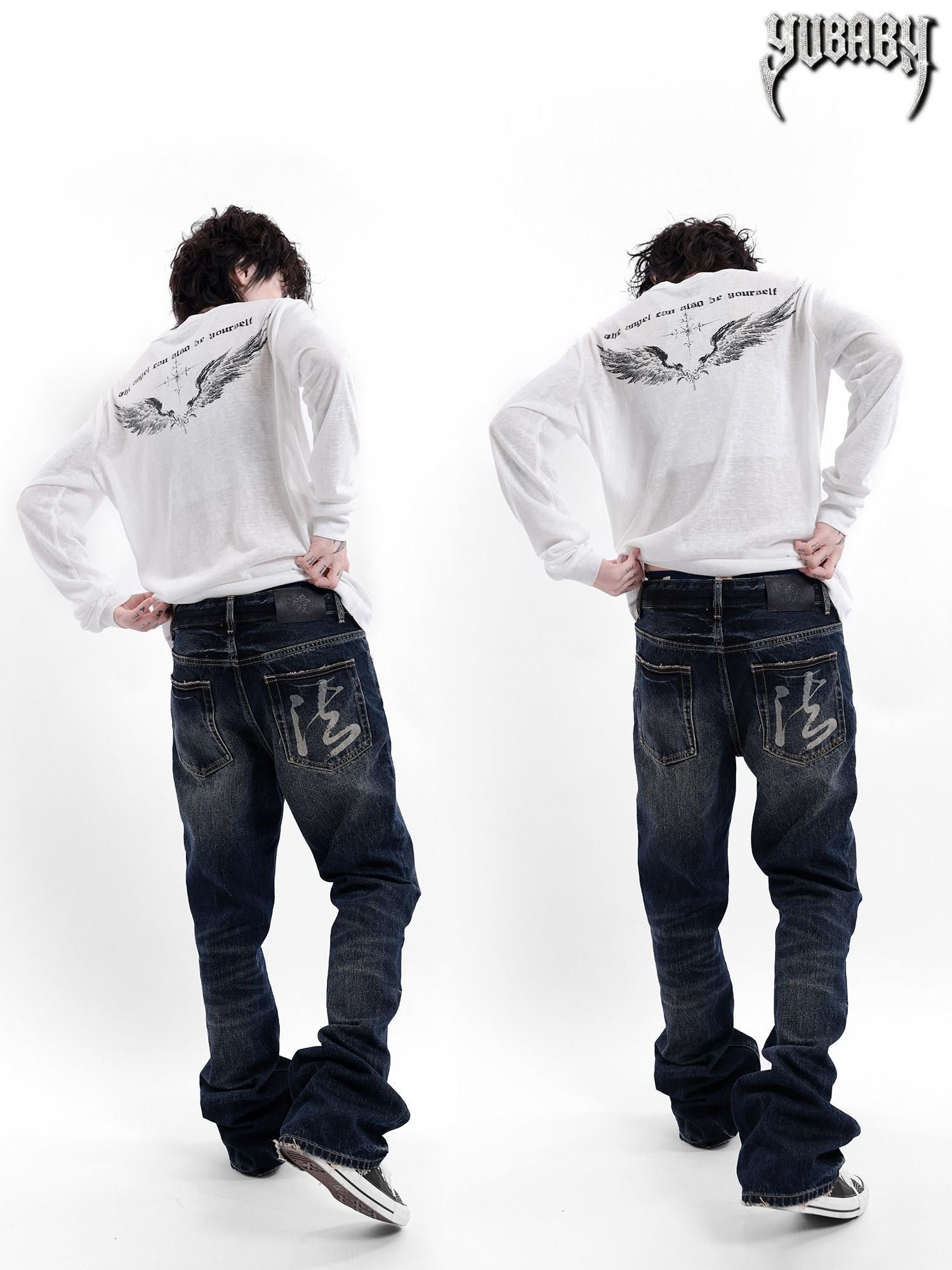 YUBABY Navy Calligraphy Print Slimming Pockets Mid Rise Women's Cotton Straight Jeans